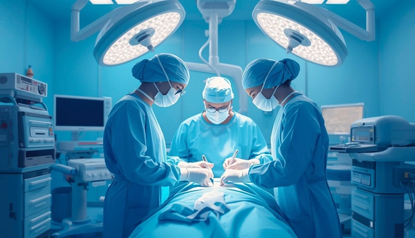 Des chirurgiens opèrent un patient dans un bloc opératoire bleu.