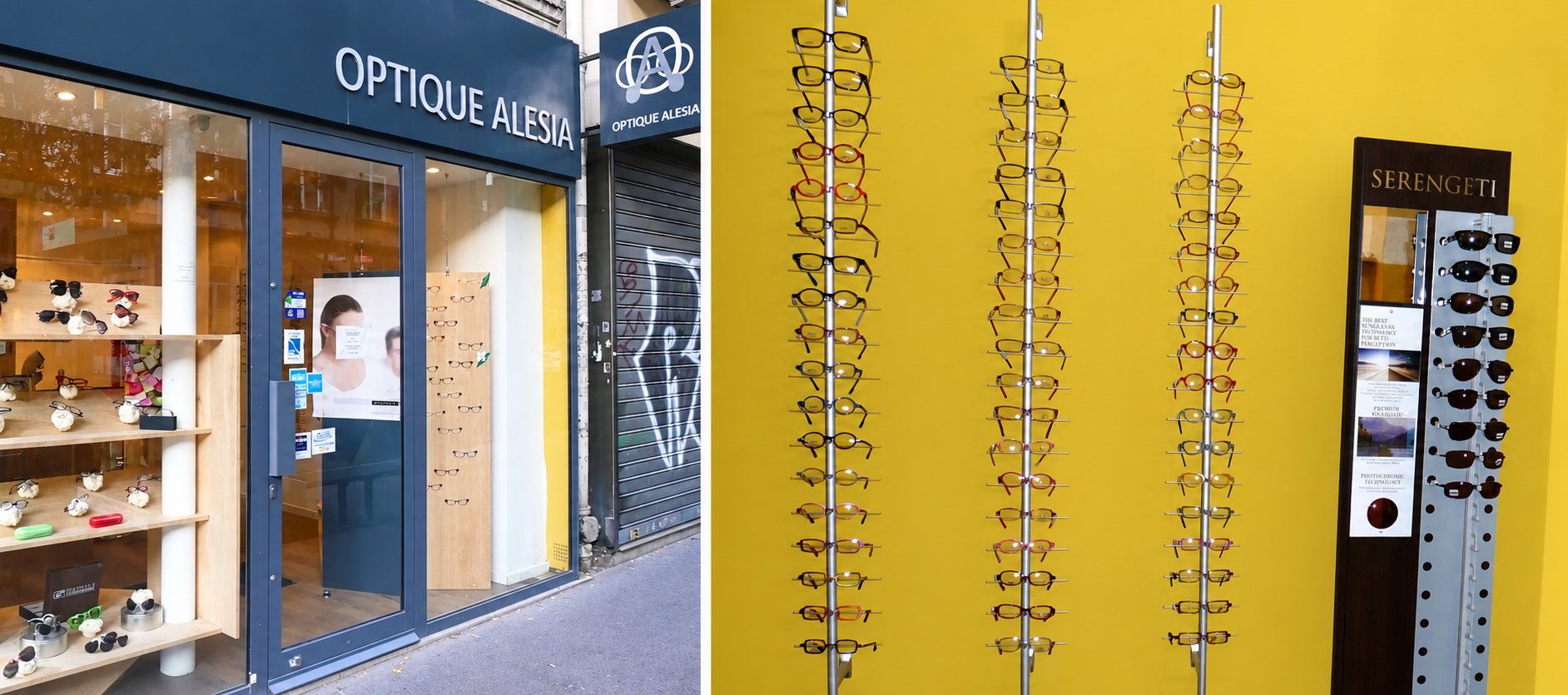 À gauche, la devanture de la boutique Optique Alésia ; à droite, le mur jaune de montures.