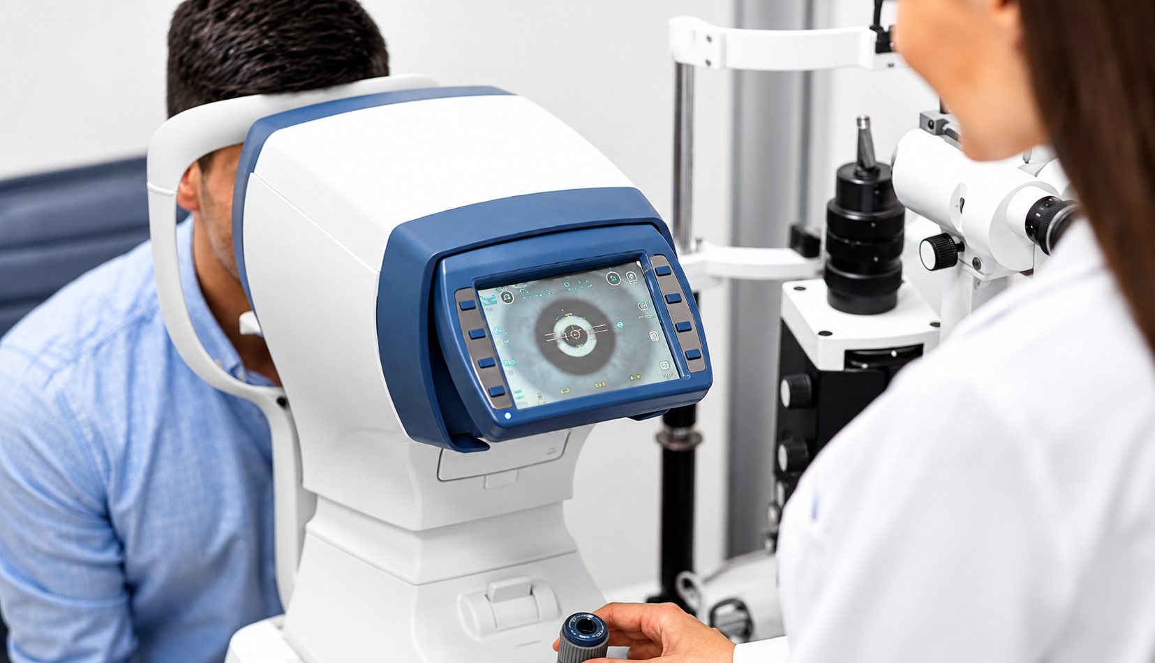 Un patient passe un examen de vue à l’autoréfractomètre dans un cabinet d’optique.