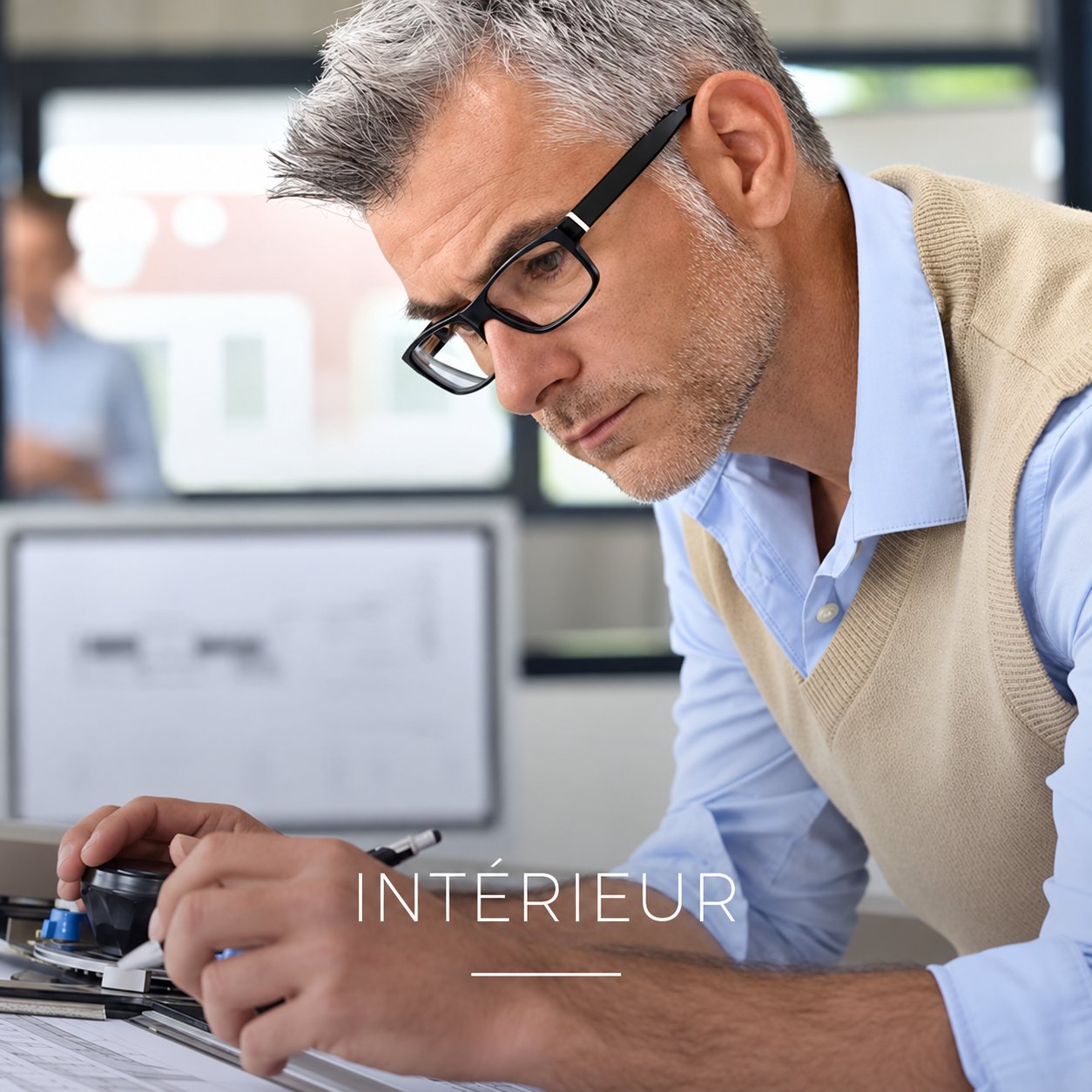 Un homme à lunettes travaille à une table à dessin.