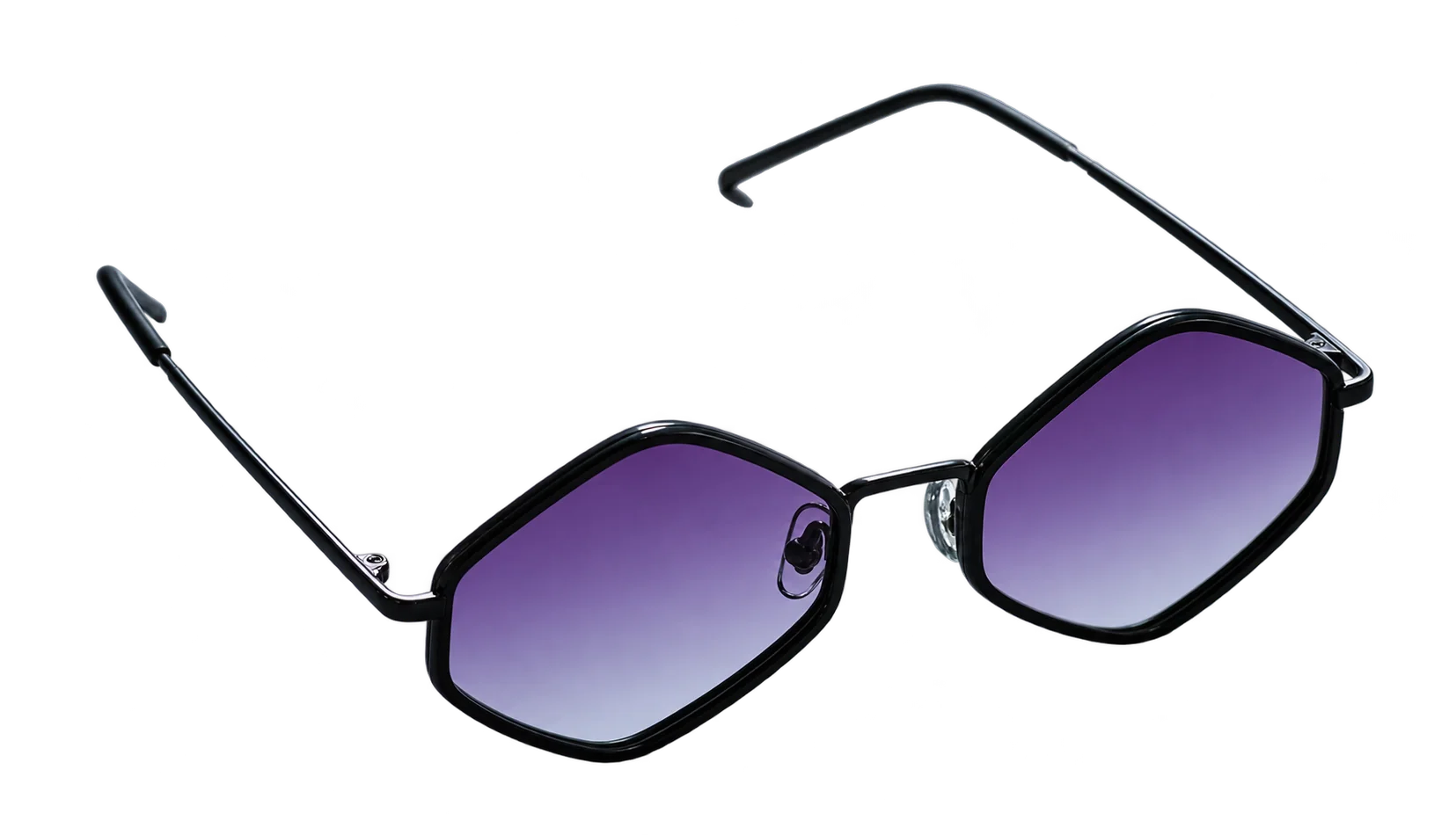 Lunettes de soleil hexagonales à verres violets.